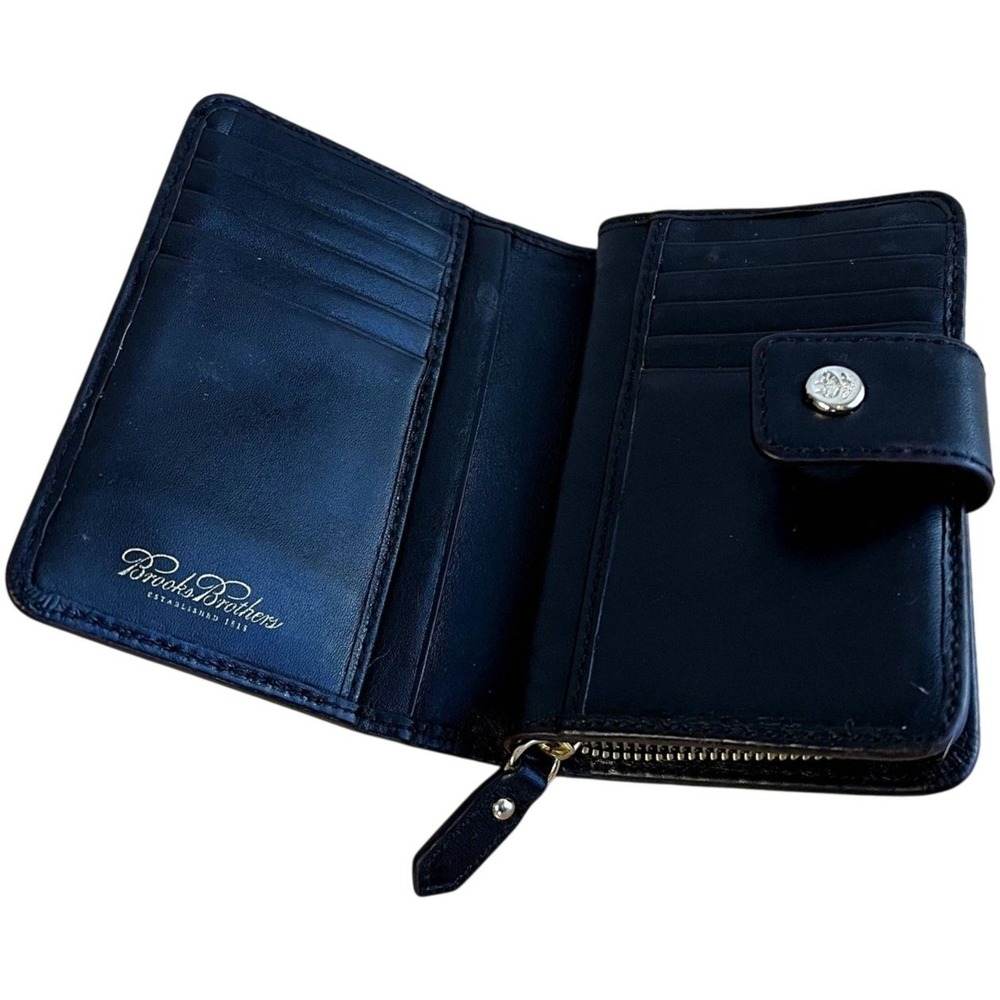 Vintage Brooks Brothers Men's Black Leather Tri Fold Wallet Zip Coin Pocket‎